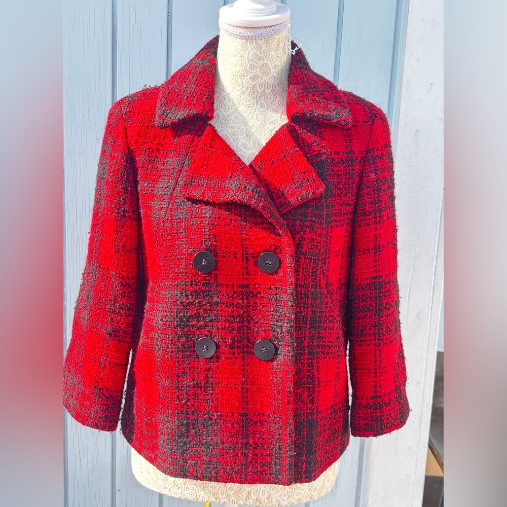 Talbots Red and Black Plaid Pea Coat